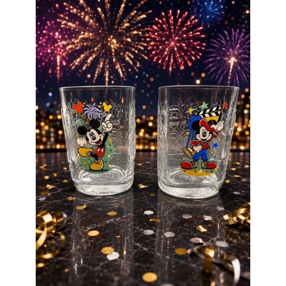 Disney Mickey Mouse 2000 Celebration Glass Tumblers Set of 2 Millennium